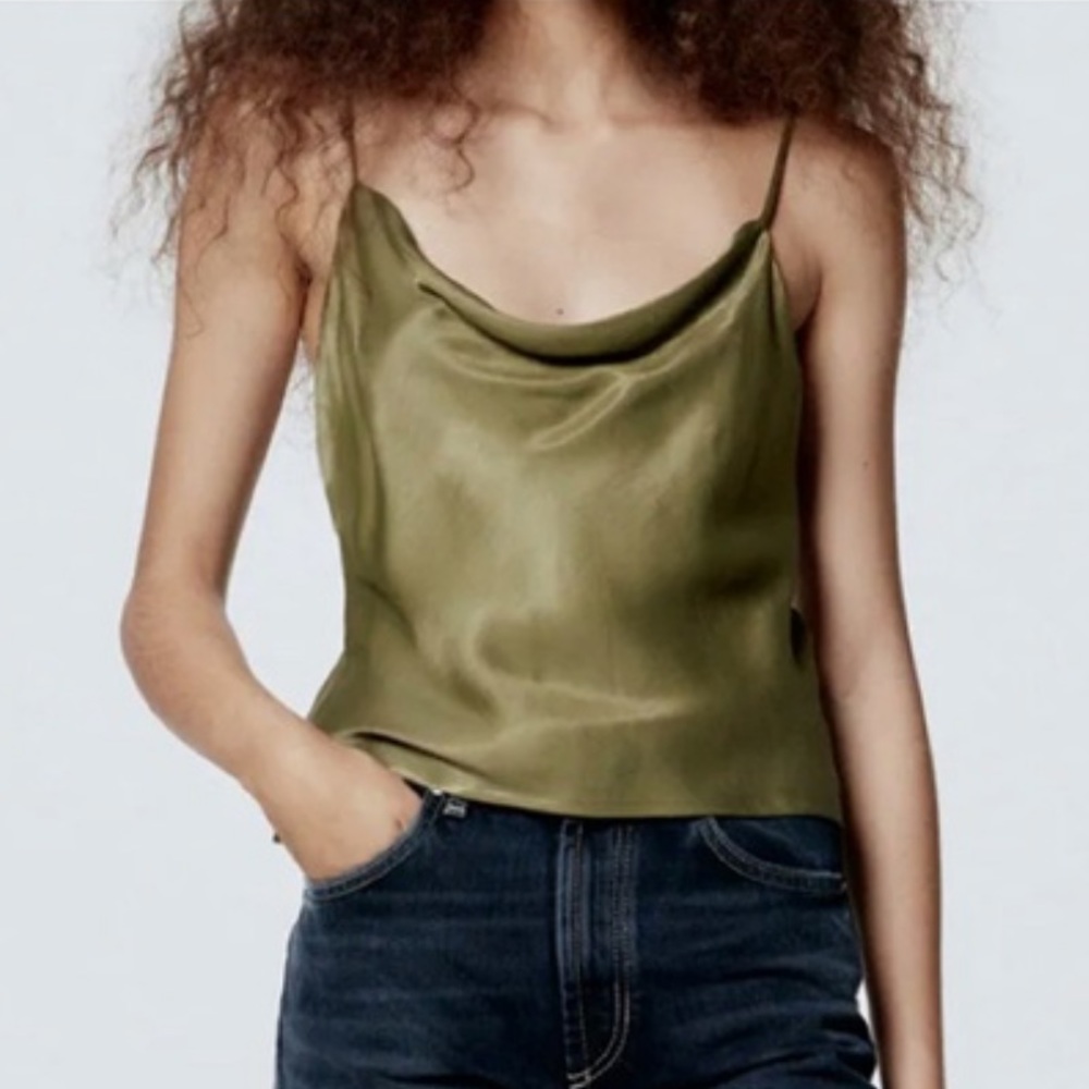 Olive green satin cowl neck tank ZARA size M